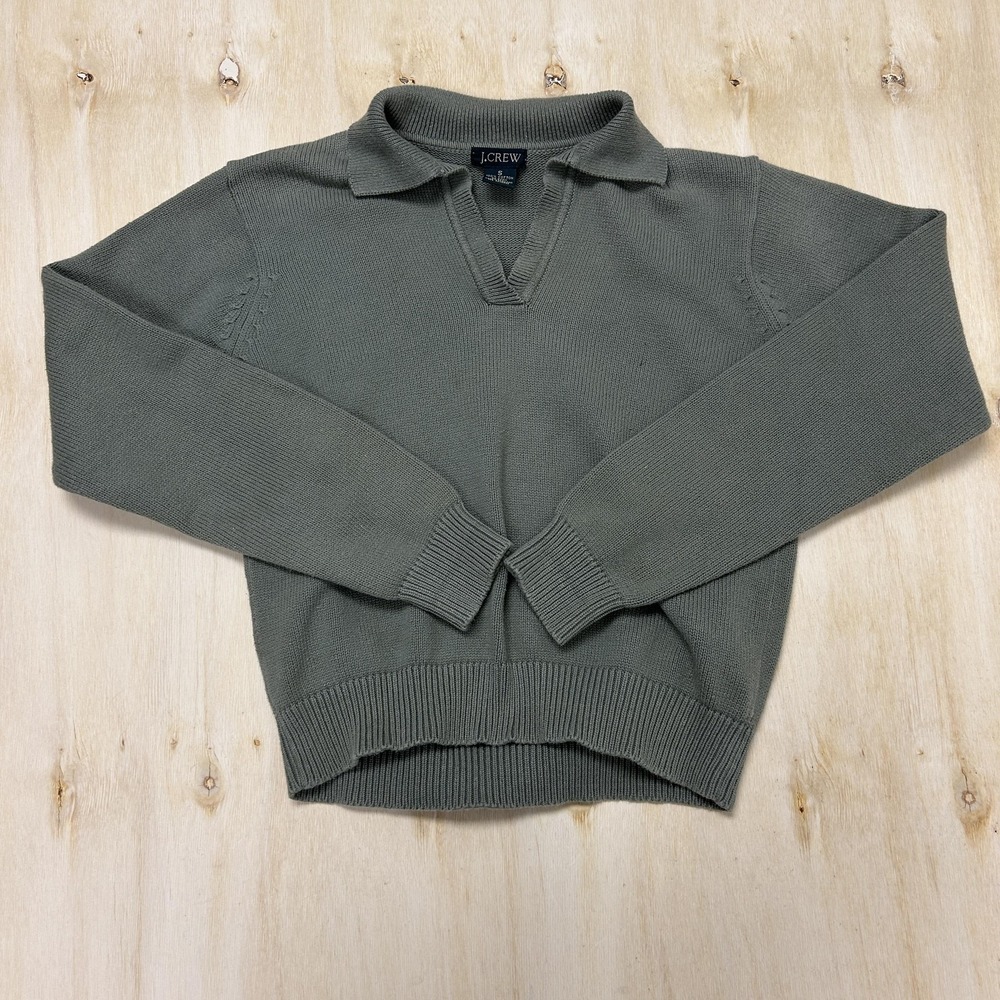 J.Crew Sweater Womens Small Green Collared Tight Knit Cotton Pullover Crop
